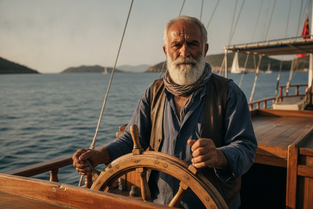 Guletin ahşap dümeninde deneyimli Türk kaptan