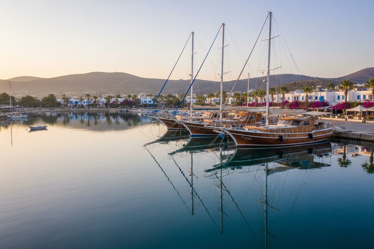 Bodrum marinasında gün batımında yan yana demirlemiş ahşap gulet filosu